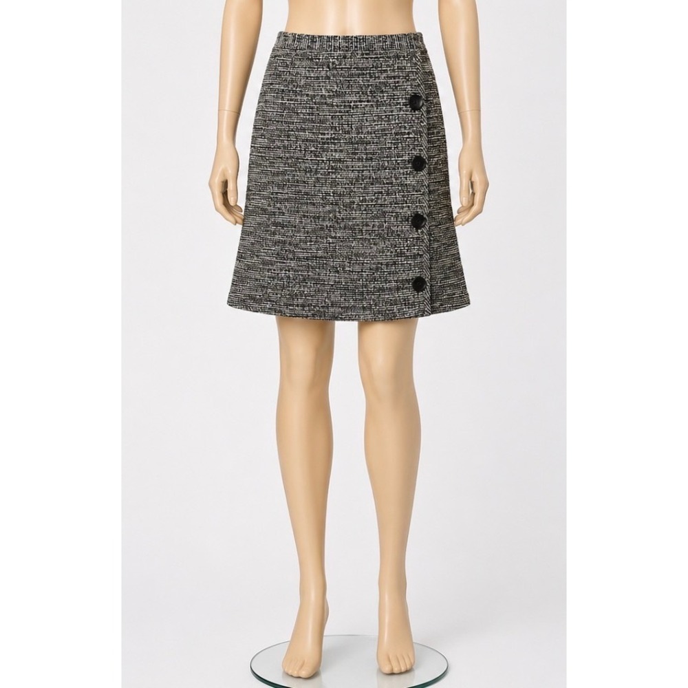 Calvin Klein Womens 4P Black White Tweed Knit A-Line Faux Wrap Button Skirt